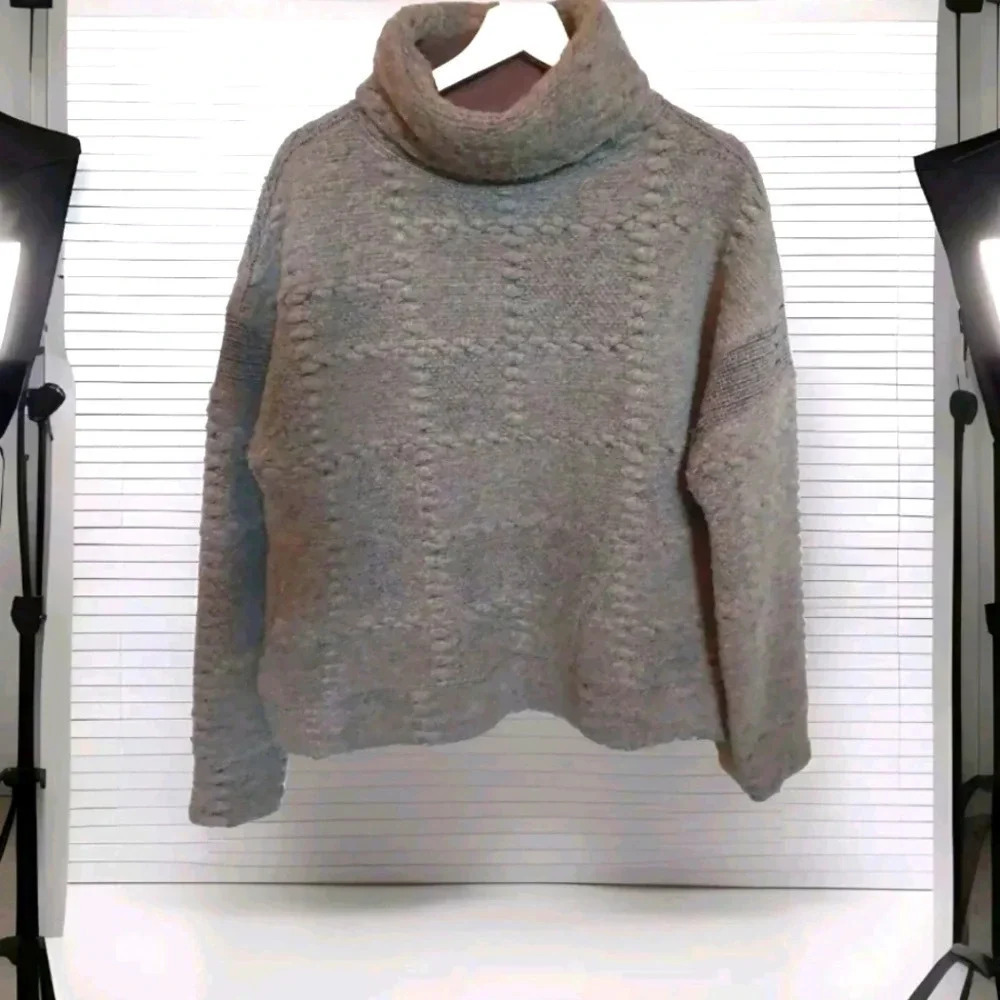 PRANA CRESTLAND Wool blend Chunky Knit Turtleneck Sweater Taupe Brown L
